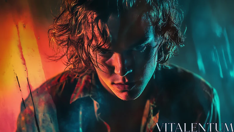 Storm-lit portrait of a brooding dreamer in neon glow.