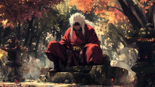 Solitary warrior rests quietly in a glowing autumn forest