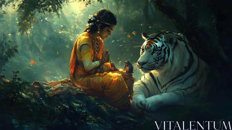 Forest princess and white tiger share a quiet dawn secret.