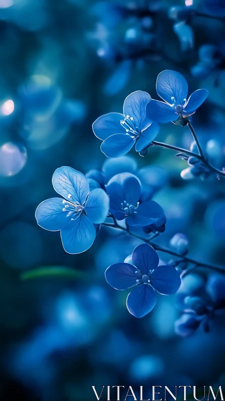 Delicate blue flowers glowing against soft bokeh backdrop.