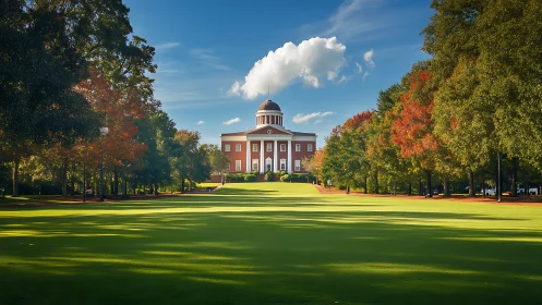 Symmetrical lawn view leads toward domed brick academic hall