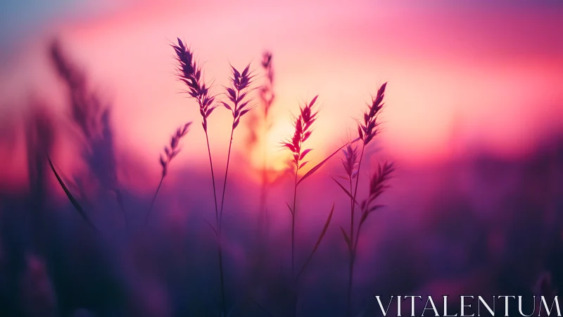 Sunlit wild grass silhouettes in magenta violet dusk glow.