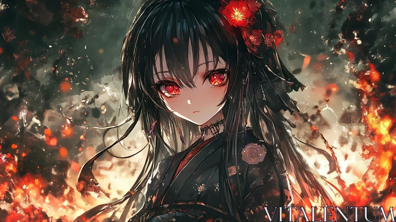 Anime girl in dark kimono amid drifting embers and fire.