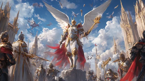 Winged paladin commands a radiant sky kingdom in triumph