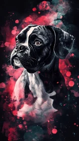 Digital painting portrait of boxer dog with splatter abstraction.