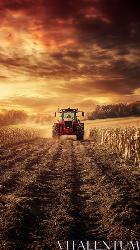 Red tractor plows harvested cornfield under dramatic sunset sky