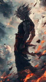 Dynamic anime warrior in vertical infernal atmosphere rendering.
