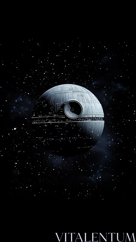 Spherical gray space station against dense starfield backdrop.