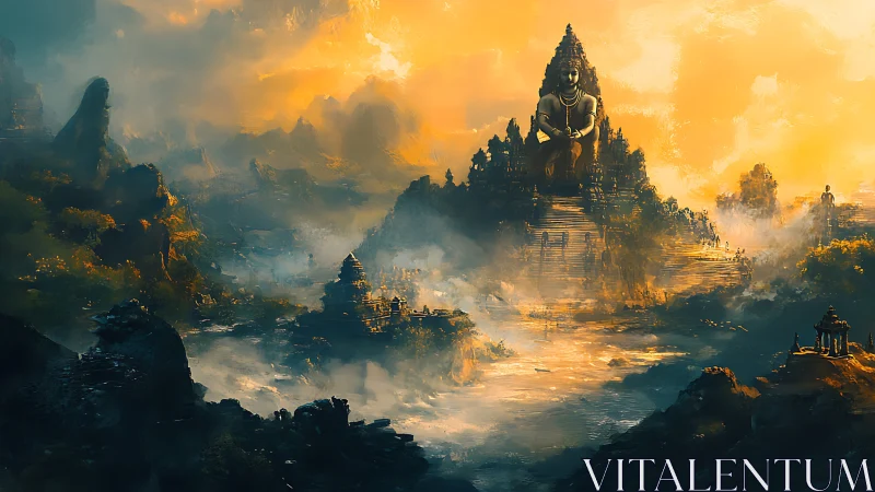Sun-drenched mountain god watches misty temples awaken