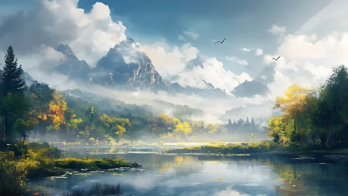 Mountain dawn drifts above a mist-kissed reflective lake.