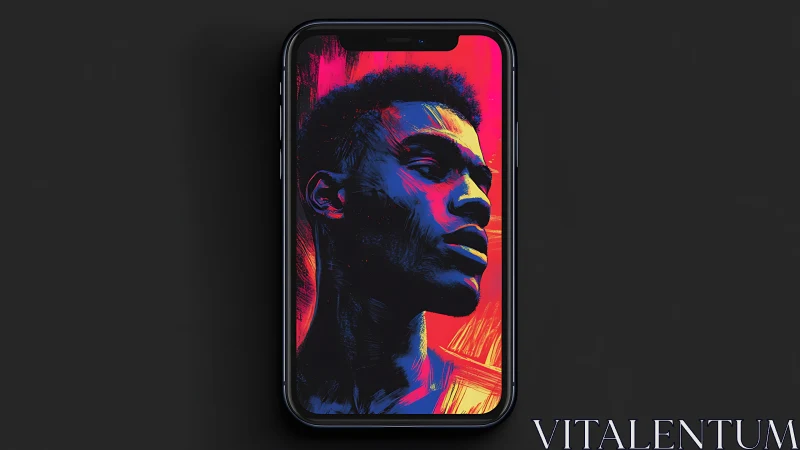 Neon duotone portrait glows on smartphone against dark field