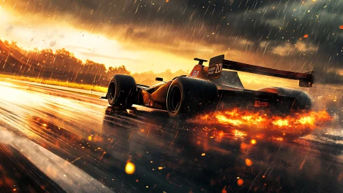 Formula race car accelerates on wet track amid fiery spray