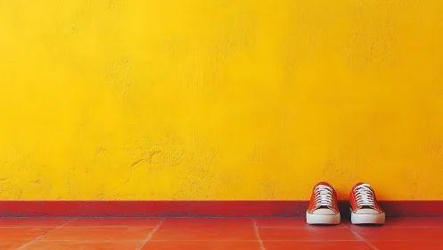 Minimalist red sneakers against textured yellow wall background.
