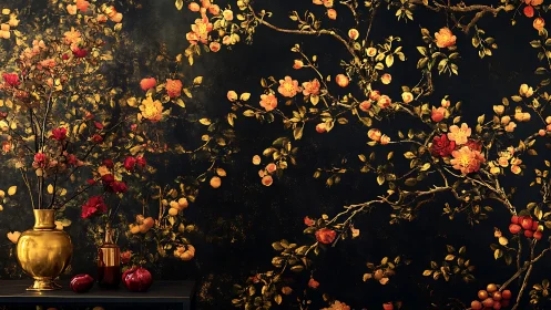 Floral branches on dark wall with gold vase and red accents.