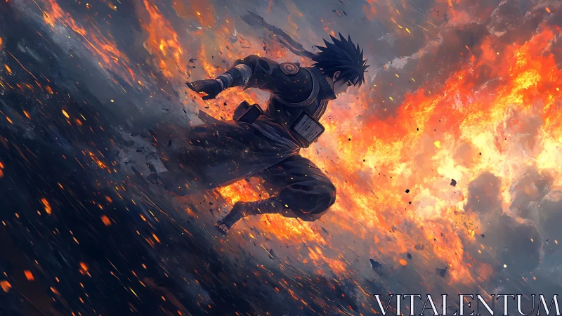 Storm-lit ninja warrior leaping through erupting firestorm.