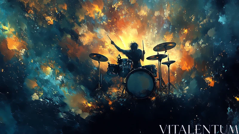 Silhouetted drummer ignites a cosmic storm of color and sound