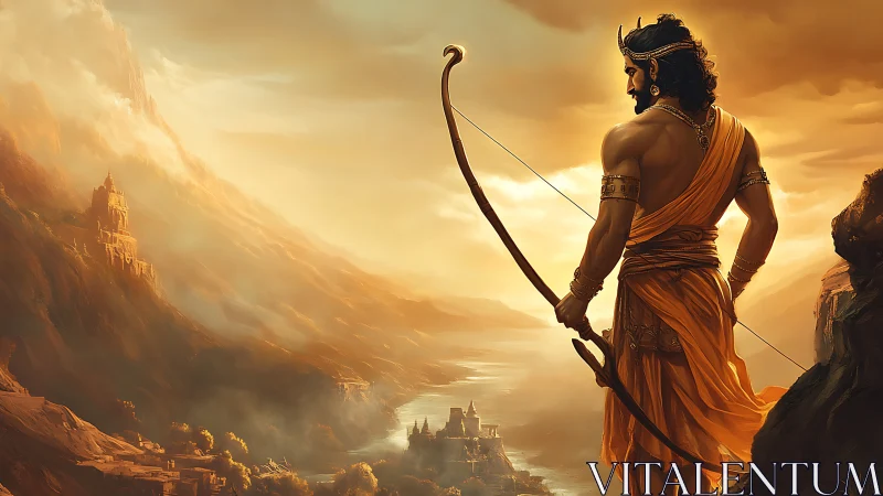 Heroic archer surveys a golden mythic valley at dawn