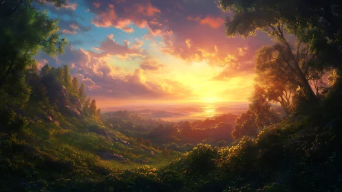 Golden valley sunrise spilling softly across quiet hills.