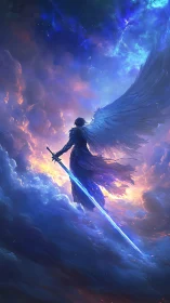 Celestial winged guardian with radiant energy sword in clouds.