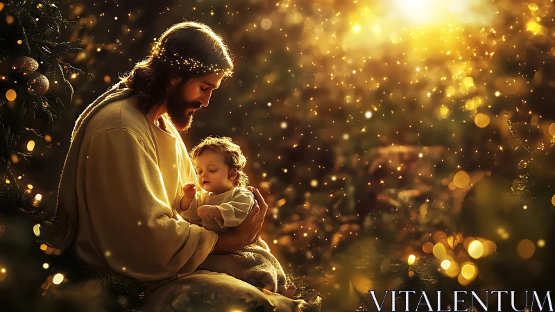 Sacred figure cradles infant amid glowing golden light.