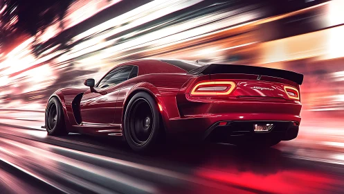 Red performance coupe in dynamic high-speed urban motion