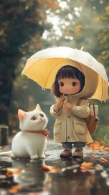 Child and white cat under umbrella in rainy autumn street.