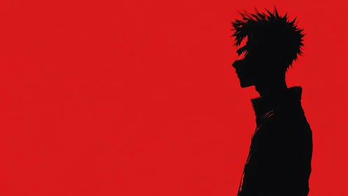 Crimson void silhouette of spiky haired loner in profile.
