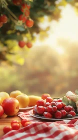 Photorealistic summer still life with orchard fruits on table.