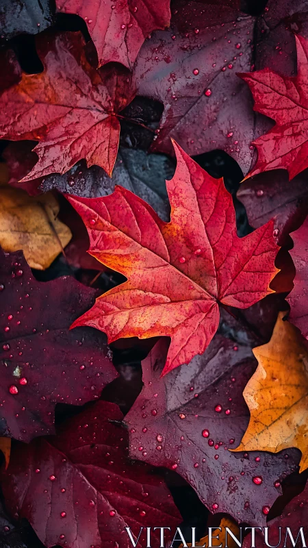 Wet red maple leaf centered among dark autumn foliage
