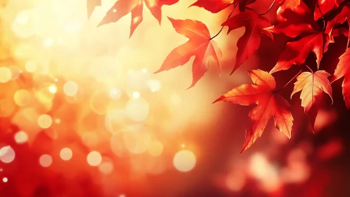 Red autumn maple leaves against glowing bokeh light field.