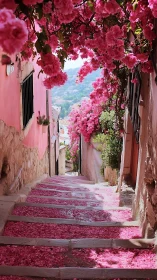 Pink Bougainvillea Archway Over Cobblestone Steps Valley