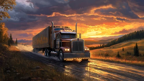 Sunset freightliner roaring along rain-glazed country road.