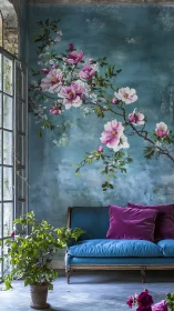 Blue sofa under floral mural in light filled interior room.