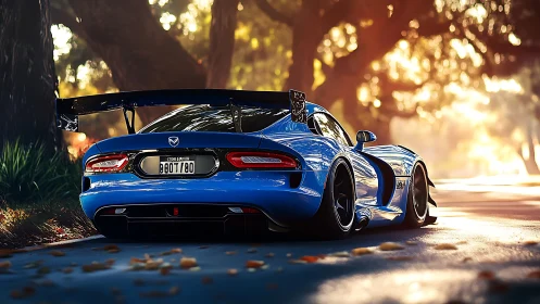 Low-slung blue sports car under glowing forest light.