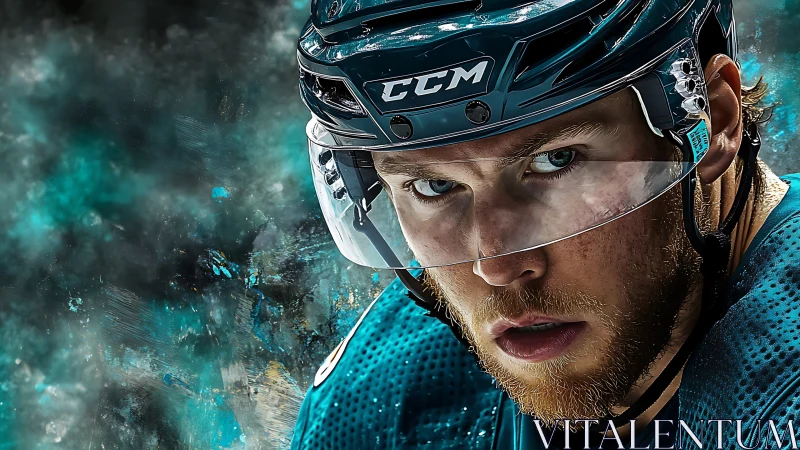 Close-up dynamic portrait of ice hockey player with teal gear