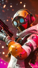 Tactical neon-clad space operative with respirator rig poised.