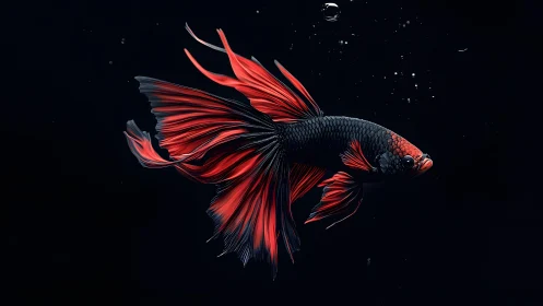 Striking Red Betta Fish in Dramatic Dark Underwater Photography.
