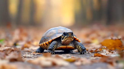 Autumn forest turtle on leaf-strewn path in soft bokeh light.