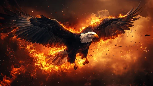 Majestic Bald Eagle Soaring Through Fiery Skies in Dramatic Art.