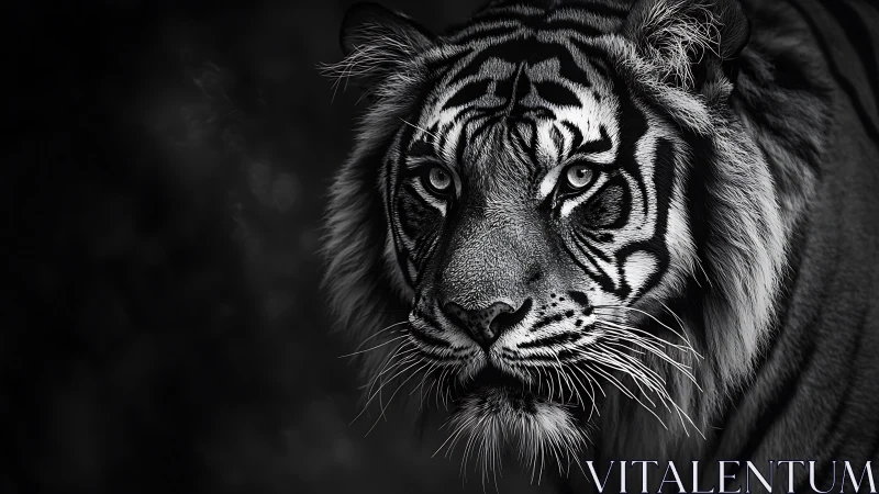 Monochrome tiger portrait with piercing reflective eyes.