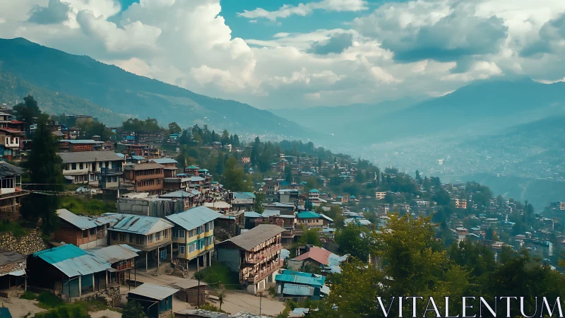 Terraced hillside town under moody clouds and misty ranges.