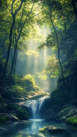 Forest Waterfall Stream Through Canopy Light