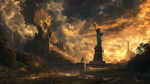 Colossal mythic citadel and Liberty statue in apocalyptic dusk.