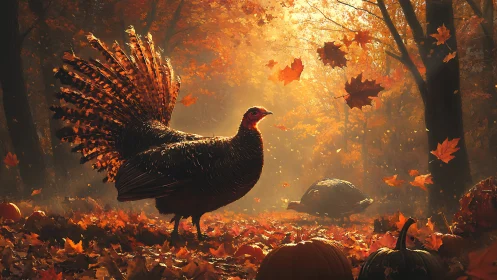 Wild turkey struts through glowing autumn forest with pumpkins