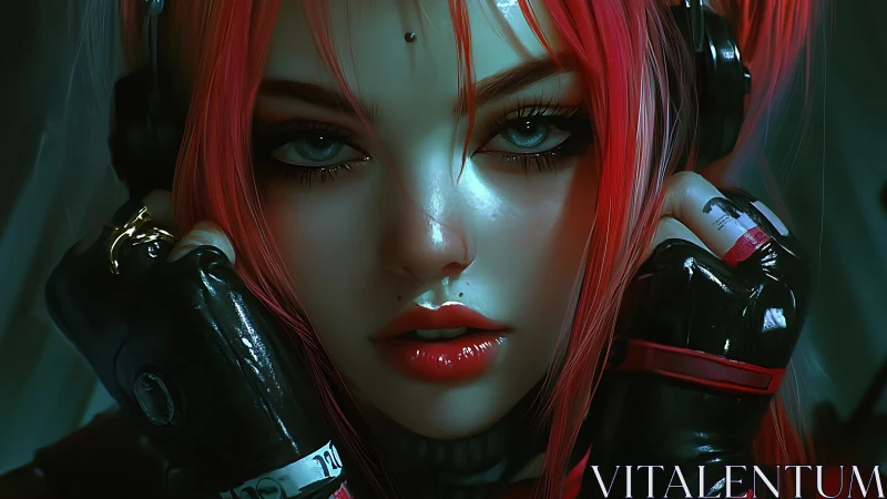 Neon haired cyber muse listening deep within the music.