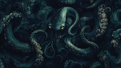 Midnight abyss kraken coils through ink-dark ocean dreams.