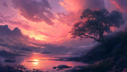 Twilight river hush beneath a whispering ember sky.