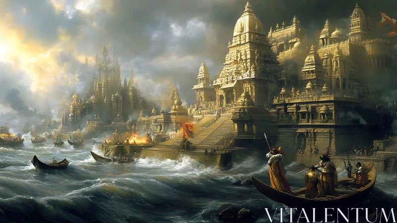 Stormlit temple city rises above turbulent mythic seas