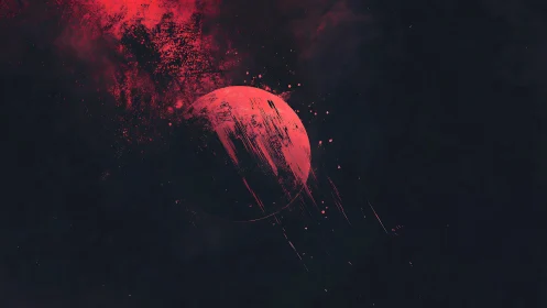 Crimson planet rendered in abstract cosmic digital brushwork