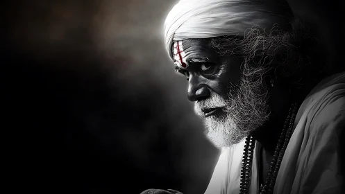 Elderly man in turban with beads in high contrast light.